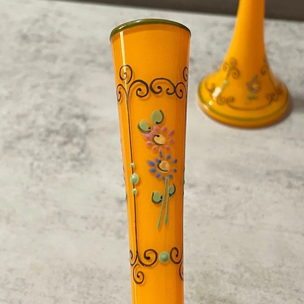 Vintage Czechoslovakia Enamel Hand Painted Orange Glass Vases Set of Two 8.25